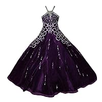 VeraQueen Girl's Princess Halter Sequins Sleeveless Pageant Dresses A Line Organza Beaded Ball Gowns Flower Girl Dress