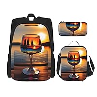 Sunset Wine Glass Print 3 In 1 Set With Lunch Box Pencil Bag Backpack Bookbag Set Casual For Gym Beach Travel