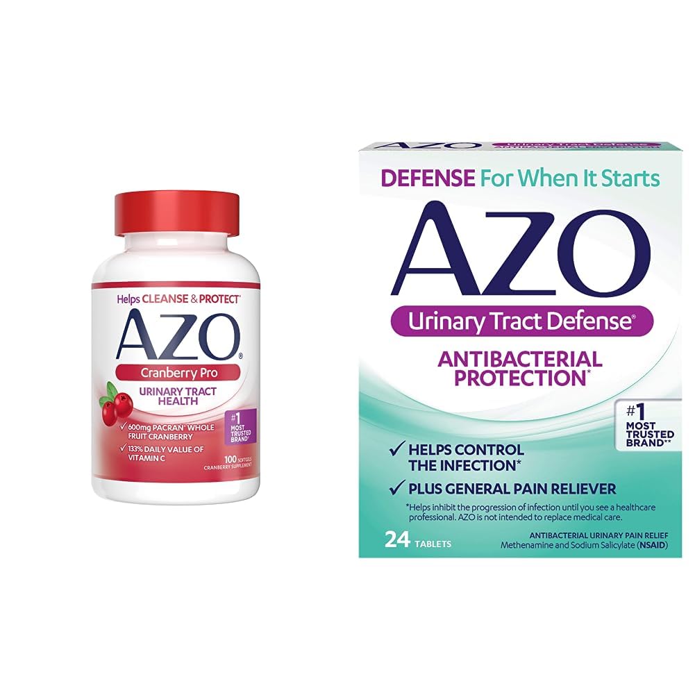 AZO Cranberry Pro Urinary Tract Health Supplement 600mg PACRAN, 1 Serving = More Than 1 Glass of Cranberry Juice 100 CT + Urinary Tract Defense 24 Count