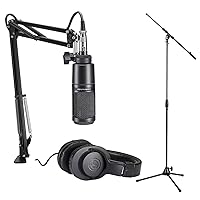 Audio-Technica AT2020 Podcasting Studio Microphone Pack with ATH-M20x Headphones, Boom & XLR Cable Bundle with H&A Tripod Microphone Stand with Telescoping Boom