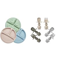 PandaEar Divided Unbreakable Silicone Baby and Toddler Plates & Baby Spoons and Fork Feeding Set