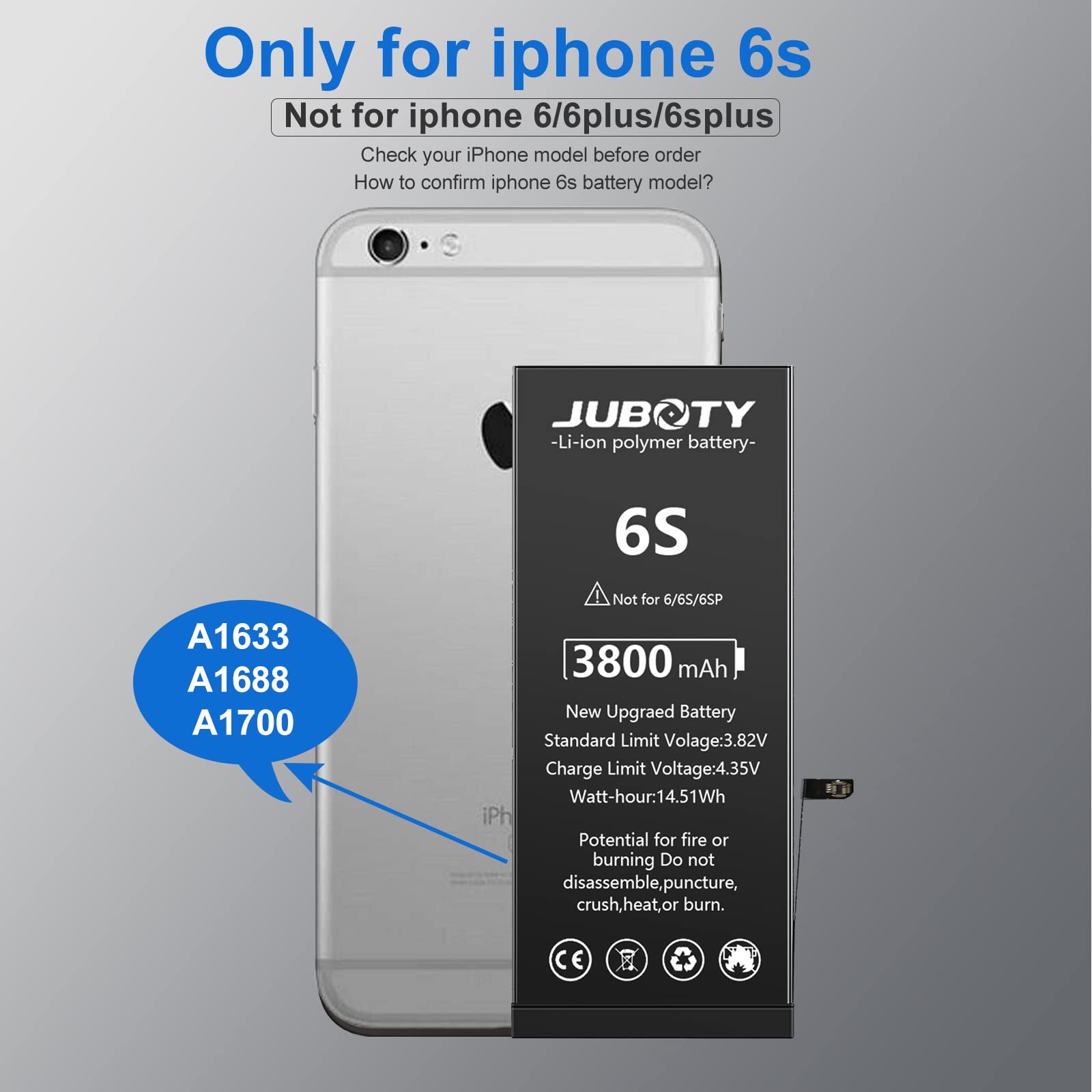 JUBOTY Battery for iPhone 6s 3800mAh, Li-ion New 0 Cycle Internal New Upgrade High Capacity Battery Replacement for iPhone 6S Model A1633 A1688 A1700 with Professional Repair Tool Kit
