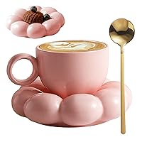 Ceramic Coffee Mug with Spoon Travel Sunflower Cloud Mug with Saucer 200ML Afternoon Tea Cup for Latte, Cappuccino Pink Coffee Cups Mugs