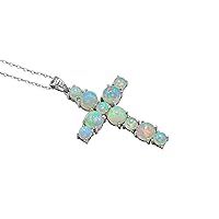 October Birthstone Natural Ethiopian Welo Opal 6 MM Round Gemstone 925 Sterling Silver Holy Cross Pendant Necklace Opal Jewelry Birthday Gift For Her (PD-8400)