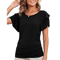Side Seam Ruched Double Layer Short Sleeve Tops Summer Crewneck Tshirts for Women 2024 Trendy