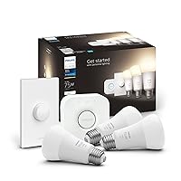 Philips Hue Smart Light Starter Kit - Includes (1) Bridge, (1) Smart Button and (3) Smart 75W A19 LED Bulb, Soft Warm White Light, 1100LM, E26 - Control with Hue App or Voice Assistant