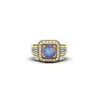 6 MM Round Natural Ethopian Fire Opal And CZ Diamond Use In The Ring 0.90 Ctw Princess Cut CZ Diamond Weight 0.40 Ctw Round CZ Diamond Weigh 1.5 Ctw Fire Opal Ring