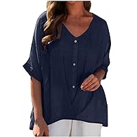 Women Loose Fit Cotton Linen Shirts V Neck Summer Tops Cozy Casual Tunic Plus Size T Shirt Button Oversized Blouse