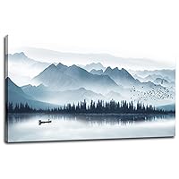 arteWOODS Indigo Canvas Wall Art Misty Mountain Wall Pictures Foggy Lake Boat Canvas Painting Grey Blue Forest Birds Canvas Wall Decor for Living Room Wall Decorations 20