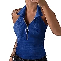 Women's Lapel Neck Zipper Up Sleeveless Solid Color Tank Tops Crops Shirt
