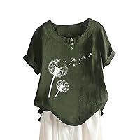 Women's Summer Cotton Linen Tops Vintage Dandelion Graphic Tee Shirts Roll-up Short Sleeve Button Down Tunic Blouse