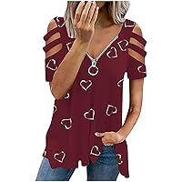 Summer Womens Hollow T-Shirt Casual Fashion Zipper Blouse Tops Short Sleeve Vneck Tunic Comfy Soft Loose Tee