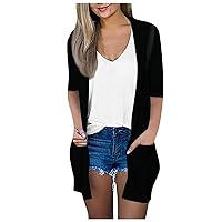 Womens Cardigan 3/4 Sleeve Open Front Lightweight Casual Comfy Long Line Drape Hem Soft Cardigans Sweater with Pockets