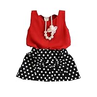Girls Necklace Shirt Top with Polka Dot Skirt,Two-Pieces Sets
