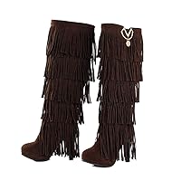Womens Fringe Tassel Stiletto Boots Faux Suede Moccasin High Heel Western Cowboy Knee High Boot