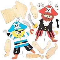 Baker Ross AT669 Pirate Wooden Puppet Kits - Pack of 4, Blank Wood Templates to Build Your own Moving Puppets