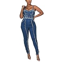 Womens Sexy Sleeveless Wrapped Chest Flash Strap Denim Jumpsuit Slim Denim Jumpsuit Rompers Overalls