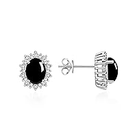 14K White Gold Princess Diana Inspired Earrings - Oval Shape Gemstone & Diamonds - 8X6MM Birthstone Earrings - Timeless Color Stone Jewelry