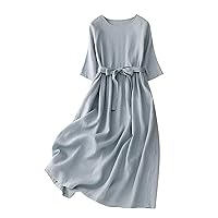Women's Bohemian Style Belted Pleated Cotton Linen Long Maxi Skirt Dress 3/4 Sleeve Crewneck Beach Flowy Dresses