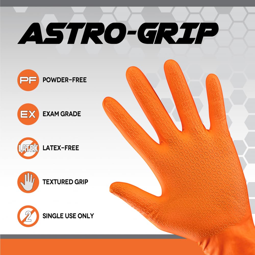 Astro-Grip Powder-Free Exam Grade Nitrile Disposable Gloves. Size X-Large, Orange, 7 mil Thickness. Chemical and Puncture Resistant. Single-Use. Pack of 100. (66474)