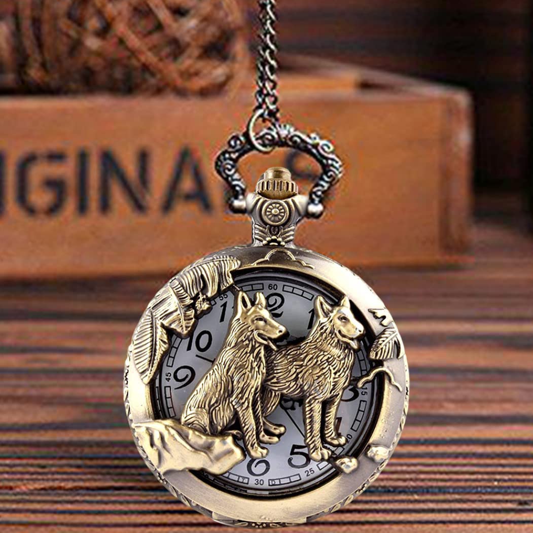 Comebachome Smooth Pocket Watch, Pocket Watch Quartz Wolves Pattern Retro Pocket Watch with Chain for Anniversary, Quartz Pocket Watch