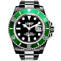 LOREO Luxury Mens Black Stainless Steel Luminous Sapphire Glass Green Rotating Bezel Date Waterproof Business Men's Automatic Watch (Green NO.2)