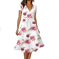 Chiffon Dresses for Women Formal Midi Dress Elegant Boho Wrap V Neck Short Sleeve Belted Ruffle A-Line Flowy Dresses