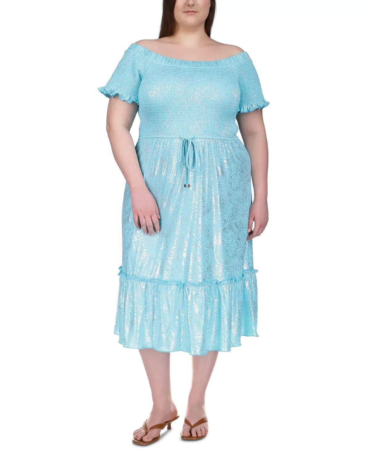 Michael Michael Kors Women’s Plus Size Foil-Print Smocked Midi Dress in Turquoise 2X