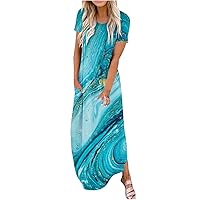 Women Maxi Dresses Summer Casual Crewneck Short Sleeve Split Vacation Beach Dress Comfy Loose Flowy Dress with Pocket