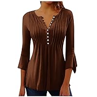 Fall Shirts for Women 2023, 3/4 Petal Sleeve Shirts for Women Tees Blouses Casual Basic Tops Pleat Button Pullover