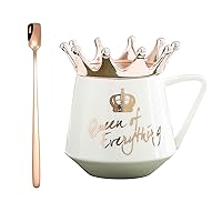 Coffee Mug with Crown Lid and Gold Spoon,13.5 oz Ceramic Milk Tea Cup Home Office Travel Cups for Women Lovers Friends (White)