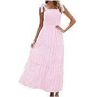 Deal of The Day Today Women's Retro Plaid Smocked Dress Summer Boho Spaghetti Strap Long Dress Square Neck Tie Shoulder Beach Party Maxi Dress Robe Femme ETE Pink