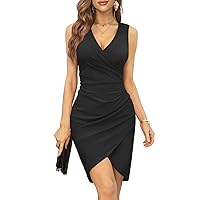 Wedding Guest Dresses for Women Sexy V Neck Sleeveless Wrap Ruched Bodycon Casual Tunic Evening Cocktail Party Dress