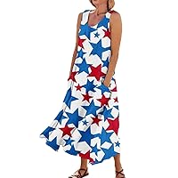 Summer Dresses for Women 2024, Women's Casual Print Sleeveless Cotton Linen Pocket Dress House with, S, 5XL