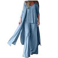 Women's Flowy Outfits Solid Dressy Casual Matching Suit Long Sleeve Shirt and Wide Leg Pants Set Vacation Outfit