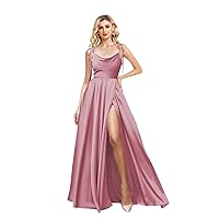 Rjer Satin Bridesmaid Dresses for Women Spaghetti Straps Prom Dresses with Slit A Line Long Formal Evening Gowns
