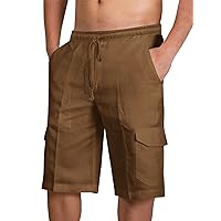 PASLTER Mens Cotton Linen Shorts Casual Elastic Waist Drawstring Lightweight Summer Beach Cargo Shorts