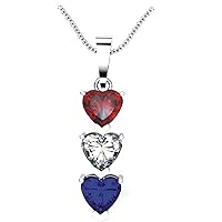 Solid Sterling Silver Three Stone 2.25 CTW Lab-Grown Ruby, White, Blue Heart Shaped Gemstone Pendant Necklace with 17.5 inch Anchor Chain