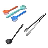 U-Taste 18/8 Stainless Steel Kitchen Tongs with Sturdy Metal Tips (16 inch, Black), and 600ºF Heat Resistant Angled Silicone Basting Pastry Brushes (Multicolors), and 600ºF Heat Resistant