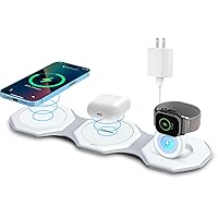 3 in 1 Wireless Charger for iPhone MagSafe Foldable - Magnetic Travel 18W Fast Charging Station Soft Silicone Sleep-Friendly Portable Charger Stand for iPhone 15/14/13/12 Apple Watch AirPods Pro Qi