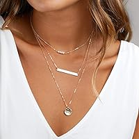 DoubleNine Boho Layered Necklace Coin Bar Pendant Charm Simple Layering Necklace Choker Bridesmaid Jewelry Everyday Accessories for Women Girls