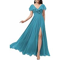 Women's Ruffle Sleeves Bridesmaid Dresses with Slit V-Neck Evening Party Gown Long Chiffon Formal Dress