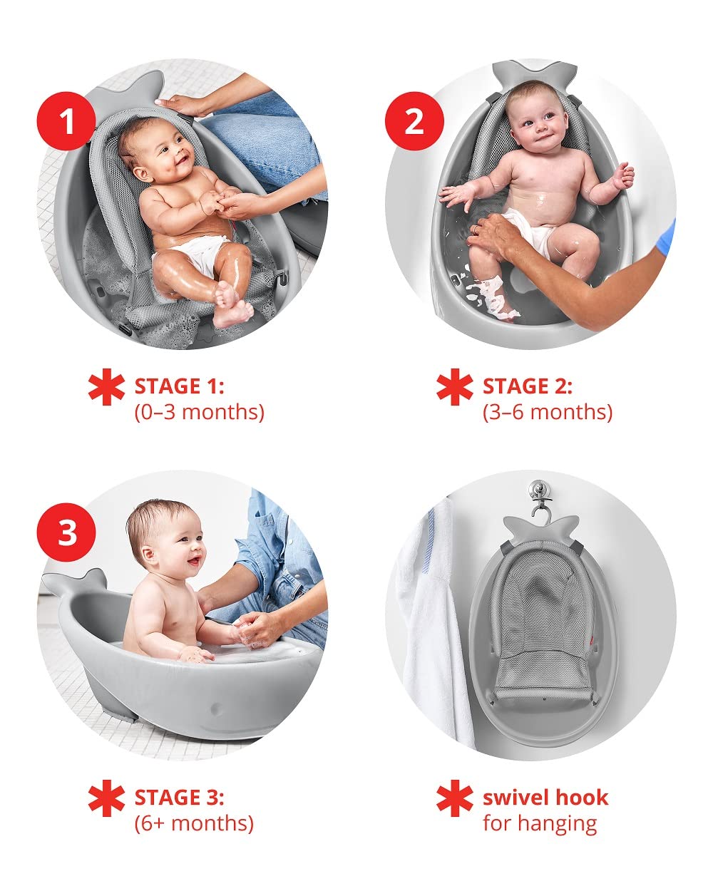 Skip Hop Baby Bath Tub, 3-Stage Smart Sling Tub, Moby, Grey