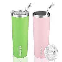 BJPKPK 20 oz Skinny Tumbler with Lid (2 Pack) Slim Insulated Travel Coffee Cup Stainless Steel Thermal Mug,Green-Light Pink