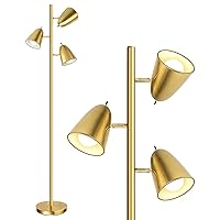 QiMH Tree Floor Lamp with 3 Light Bulbs, Standing Tall Pole Lamps for Living Room Bedroom Office, Reading Stand up Lamps with 3 Adjustable Arms, Brushed Gold