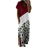 Maxi Dresses for Women V Neck Short Sleeve T Shirt Dress Summer Trendy Leopard Print Color Block Split Hem Long Dress