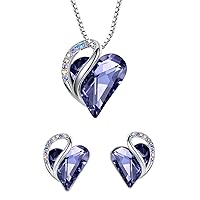 Leafael Infinity Love Heart Necklace and Stud Earrings for Women, Purple Birthstone Crystal Jewelry, Silver Tone Bundle Gifts for Women, Tanzanite Purple