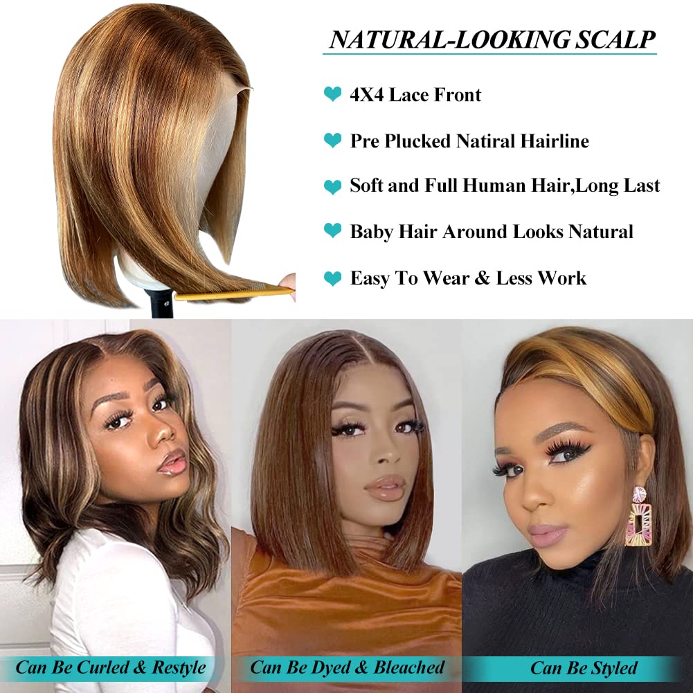 Mua Highlight Bob Wig Human Hair Ombre Brown Honey Blonde P4/27 Colored 4x4  Lace Front Wigs Human Hair for Women Brazilian Human Hair Pre Plucked With  Baby Hair Natural Hairline（10 Inch） trên