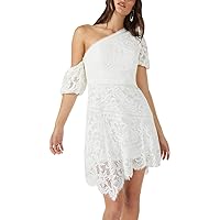BCBGMAXAZRIA Women's Fit and Flare Asymmetrical Neck Puff Sleeves Short Evening Dress, Off White, 4