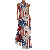 4th of July Cute Stars Stripes Kaftan Tank Dress for Womens Summer Sleeveless V Neck Trendy Swing Tunic Dresses